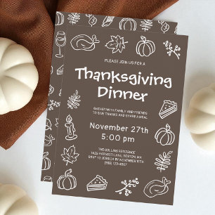Brown Hand Drawn Whimsical Thanksgiving Dinner Kaart