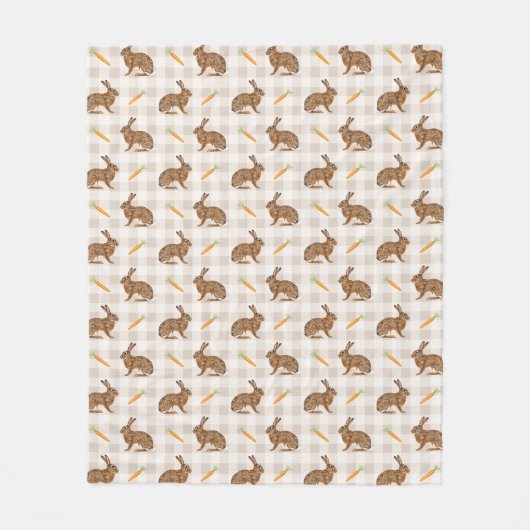 Brown Hare And Carrots Beige Gingham Easter Fleece Deken (Voorkant)