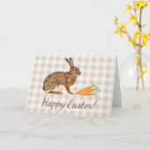 Brown Hare And Carrots Beige Gingham Happy Easter Kaart (Gele Bloem)