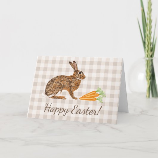 Brown Hare And Carrots Beige Gingham Happy Easter Kaart (Voorkant)