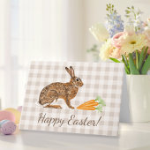 Brown Hare And Carrots Beige Gingham Happy Easter Kaart