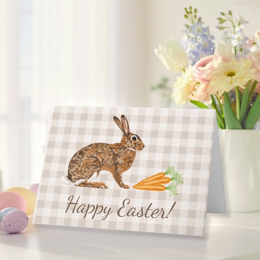 Brown Hare And Carrots Beige Gingham Happy Easter Kaart