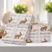 Brown Hare And Carrots Happy Easter Beige Gingham Cadeaupapier