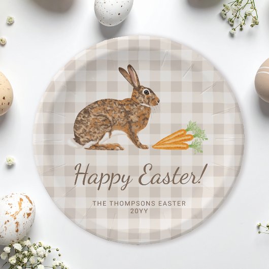 Brown Hare And Carrots Happy Easter Beige Gingham Papieren Bordje