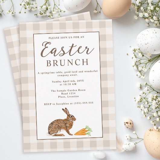 Brown Hare Beige Gingham Rustic Easter Brunch Kaart