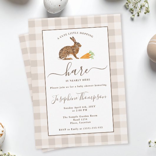 Brown Hare On Beige Gingham Easter Baby Shower Kaart