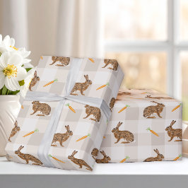 Brown Hares And Carrots Beige Gingham Spring Cadeaupapier