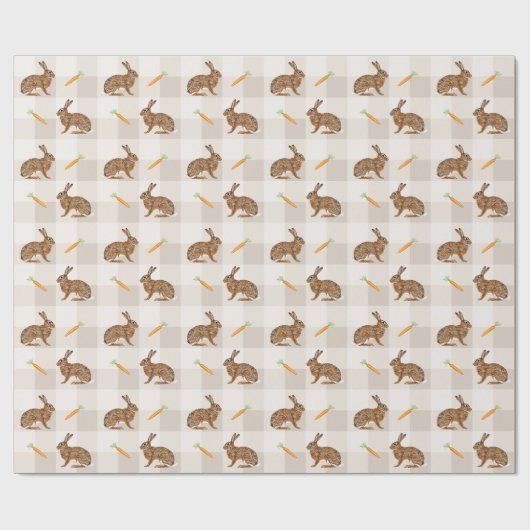 Brown Hares And Carrots Beige Gingham Spring Cadeaupapier (Vlak)