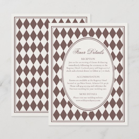 Brown Harlequin Checkered Finer Details Wedding Informatiekaartje (Voorkant / Achterkant)