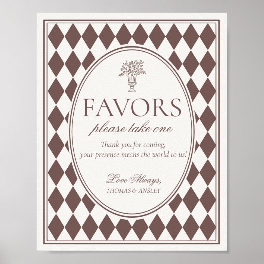 Brown Harlequin Checkered Wedding Favors Sign Poster (Voorkant)