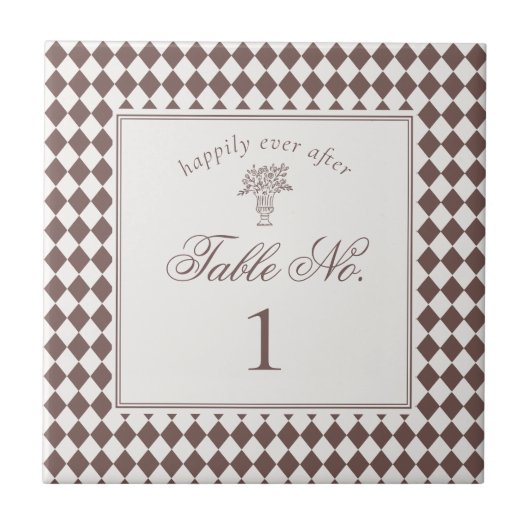 Brown Harlequin Checkered Wedding Table Number Tegeltje (Voorkant)