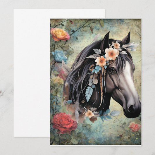 Brown horse in flowers. Menu (Voorkant / Achterkant)