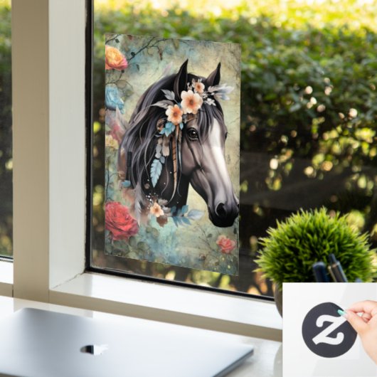 Brown horse in flowers. Raamsticker (Kantoor)