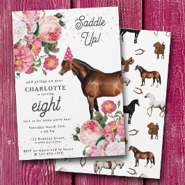 Brown Horse Pink Floral Girl Cowgirl Birthday Kaart