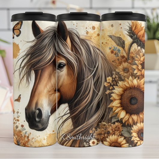 Brown Horse Sunflower Butterfly Serenity Thermosbeker