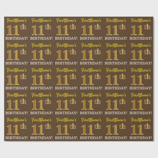 Brown, Imitation Gold Kijk "11e BIRTHDAY" Cadeaupapier (Vlak)