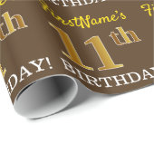 Brown, Imitation Gold Kijk "11e BIRTHDAY" Cadeaupapier (Rol Hoek)