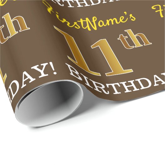 Brown, Imitation Gold Kijk "11e BIRTHDAY" Cadeaupapier (Rol Hoek)