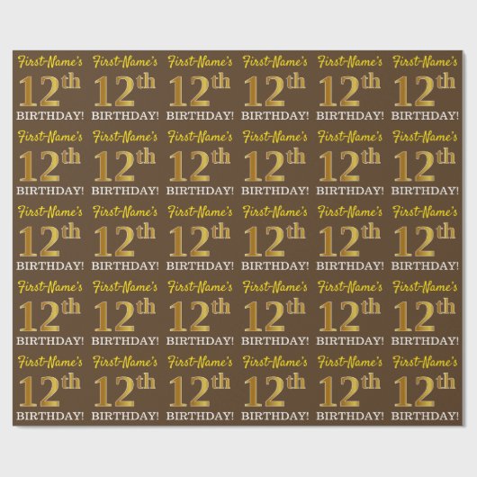 Brown, Imitation Gold Kijk "12th BIRTHDAY" Cadeaupapier (Vlak)