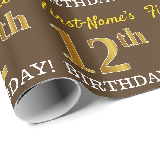 Brown, Imitation Gold Kijk "12th BIRTHDAY" Cadeaupapier (Rol Hoek)