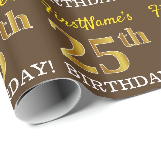 Brown, Imitation Gold Kijk "25th BIRTHDAY" Cadeaupapier (Rol Hoek)