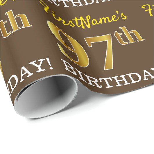 Brown, Imitation Gold Kijk "97th BIRTHDAY" Cadeaupapier (Rol Hoek)
