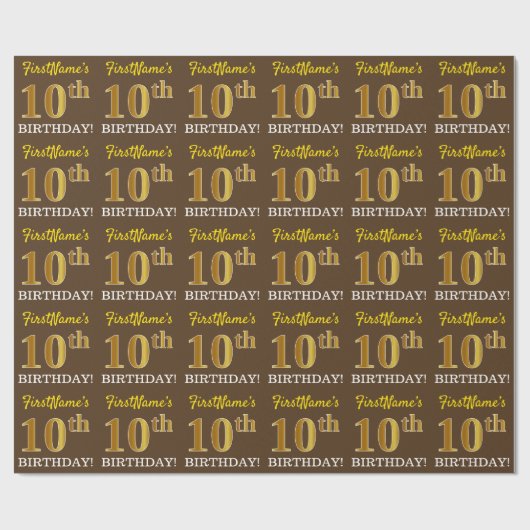 Brown, Imitation Gold look "10th BIRTHDAY" Cadeaupapier (Vlak)