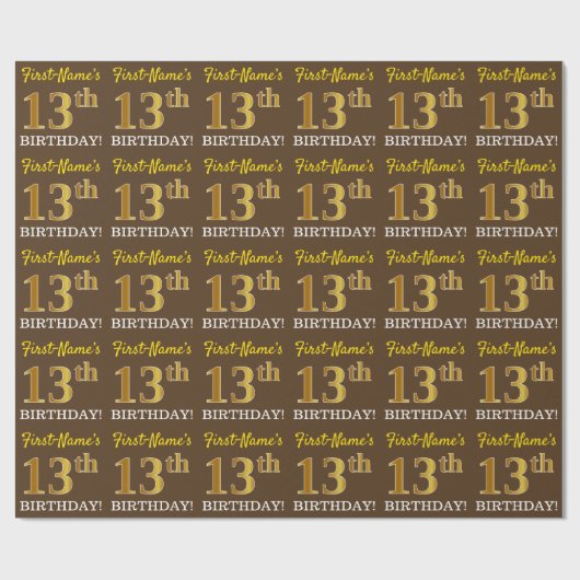 Brown, Imitation Gold look "13th BIRTHDAY" Cadeaupapier (Vlak)