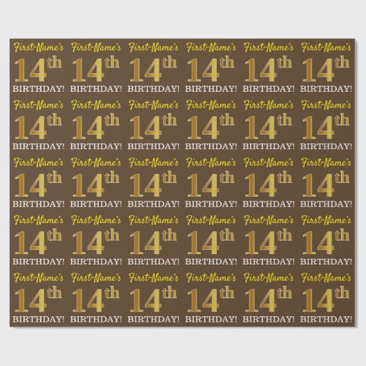 Brown, Imitation Gold look "14th BIRTHDAY" Cadeaupapier (Vlak)