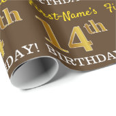 Brown, Imitation Gold look "14th BIRTHDAY" Cadeaupapier (Rol Hoek)