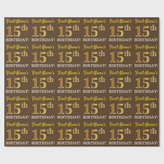 Brown, Imitation Gold look "15th BIRTHDAY" Cadeaupapier (Vlak)