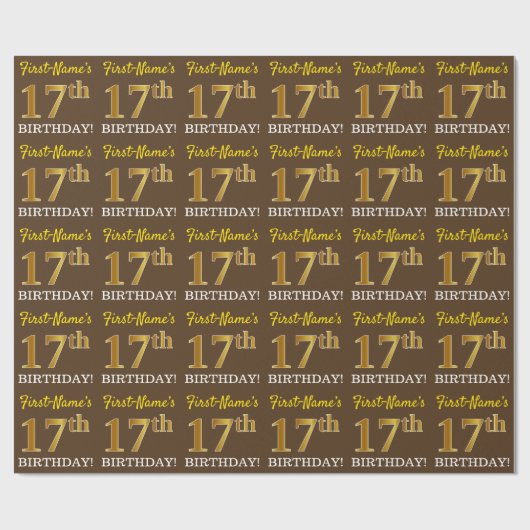 Brown, Imitation Gold look "17th BIRTHDAY" Cadeaupapier (Vlak)