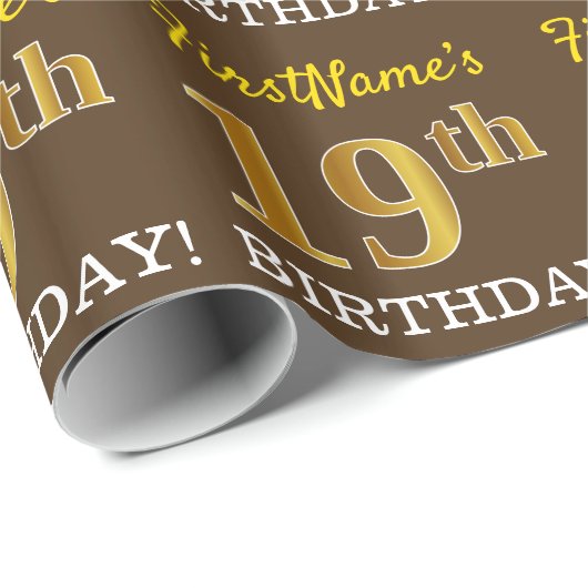 Brown, Imitation Gold look "19th BIRTHDAY" Cadeaupapier (Rol Hoek)