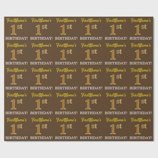 Brown, Imitation Gold look "1st BIRTHDAY" Cadeaupapier (Vlak)