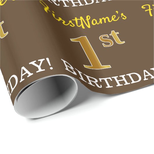Brown, Imitation Gold look "1st BIRTHDAY" Cadeaupapier (Rol Hoek)