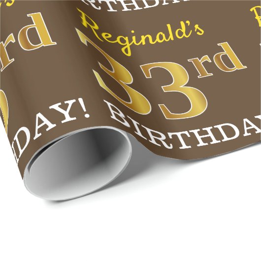 Brown, Imitation Gold look "33rd BIRTHDAY" Cadeaupapier (Rol Hoek)