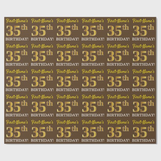 Brown, Imitation Gold look "35th BIRTHDAY" Cadeaupapier (Vlak)