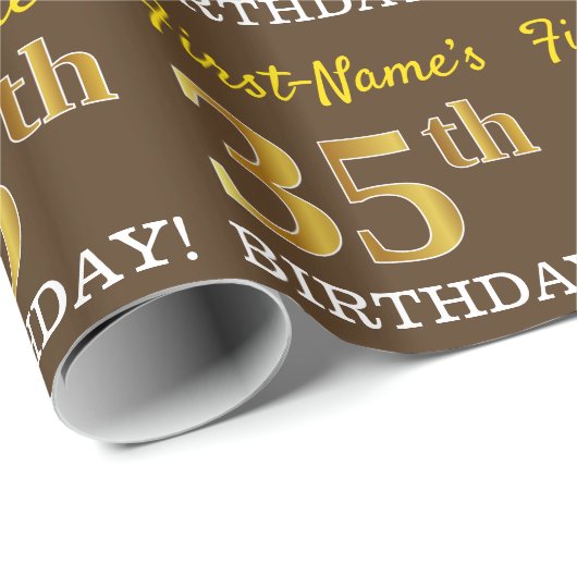 Brown, Imitation Gold look "35th BIRTHDAY" Cadeaupapier (Rol Hoek)