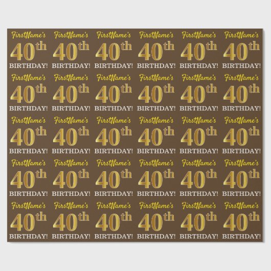 Brown, Imitation Gold look "40th BIRTHDAY" Cadeaupapier (Vlak)