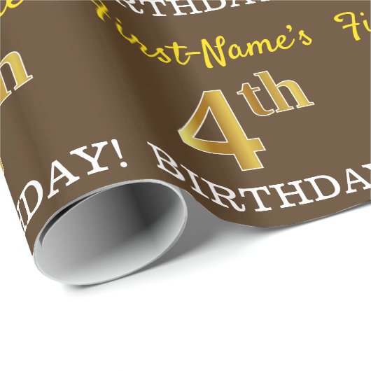 Brown, Imitation Gold look "4th BIRTHDAY" Cadeaupapier (Rol Hoek)