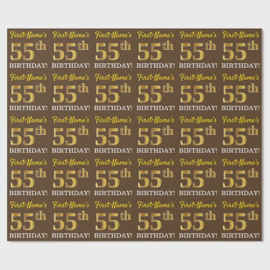 Brown, Imitation Gold look "55th BIRTHDAY" Cadeaupapier (Vlak)