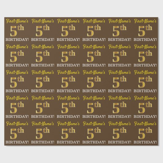 Brown, Imitation Gold look "5th BIRTHDAY" Cadeaupapier (Vlak)