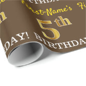 Brown, Imitation Gold look "5th BIRTHDAY" Cadeaupapier (Rol Hoek)