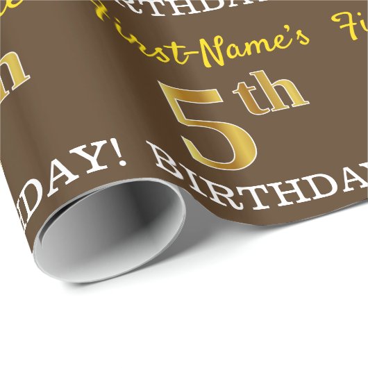 Brown, Imitation Gold look "5th BIRTHDAY" Cadeaupapier (Rol Hoek)