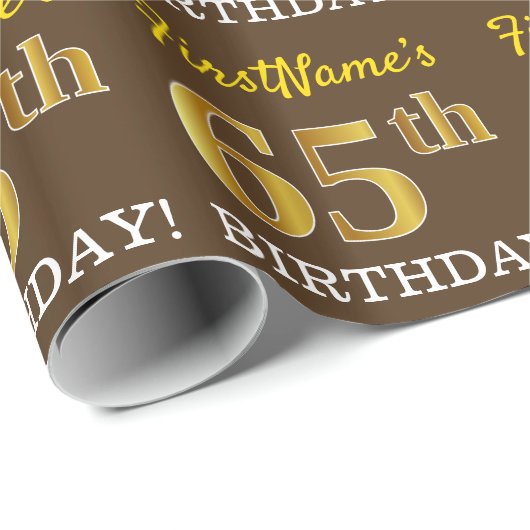 Brown, Imitation Gold look "65th BIRTHDAY" Cadeaupapier (Rol Hoek)