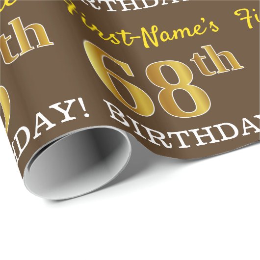 Brown, Imitation Gold look "68th BIRTHDAY" Cadeaupapier (Rol Hoek)