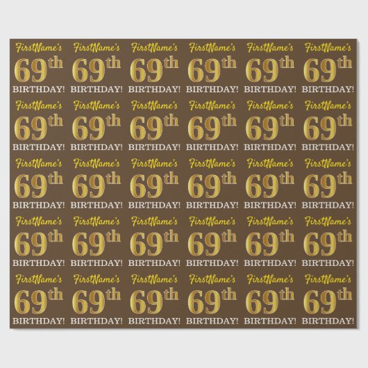 Brown, Imitation Gold look "69th BIRTHDAY" Cadeaupapier (Vlak)