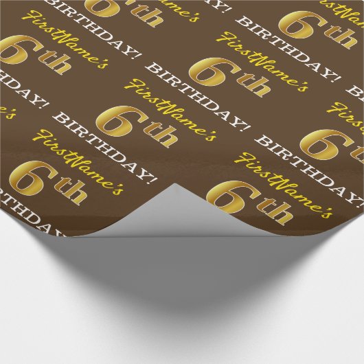 Brown, Imitation Gold look "6th BIRTHDAY" Cadeaupapier (Hoek)