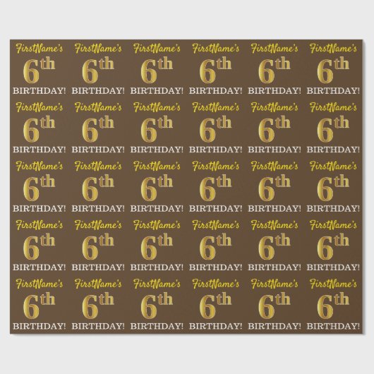 Brown, Imitation Gold look "6th BIRTHDAY" Cadeaupapier (Vlak)
