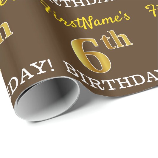 Brown, Imitation Gold look "6th BIRTHDAY" Cadeaupapier (Rol Hoek)